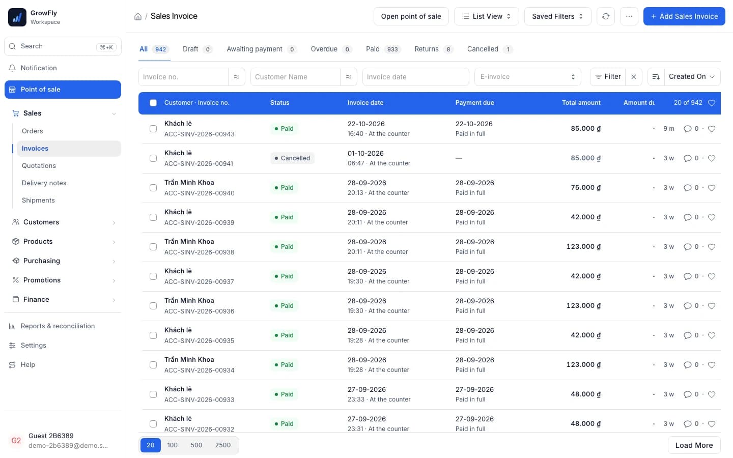 List of sales invoices in GrowFly