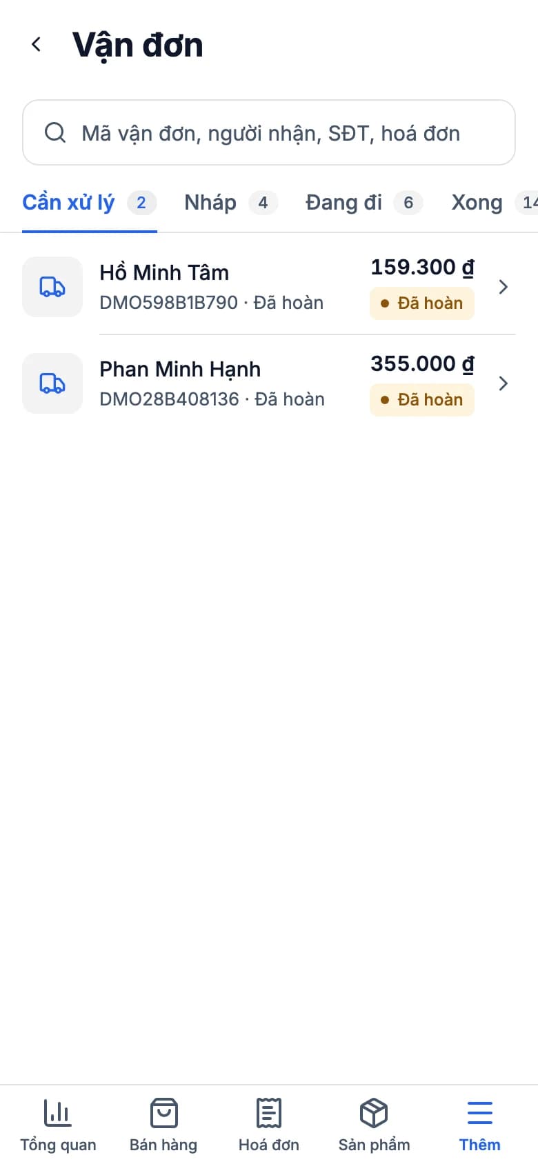 Màn hình vận đơn trên app GrowFly